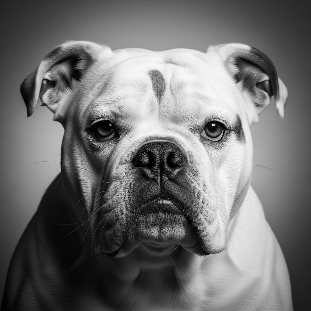 AI generated: Generate me an HD ULTRA 8k Black and white photograph of a female english bulldog that is traditiona...