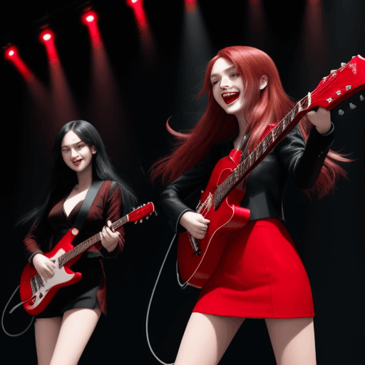 AI generated: the first girl, with black long hair, holds a microphone in her hand and sings, the second girl, wit...