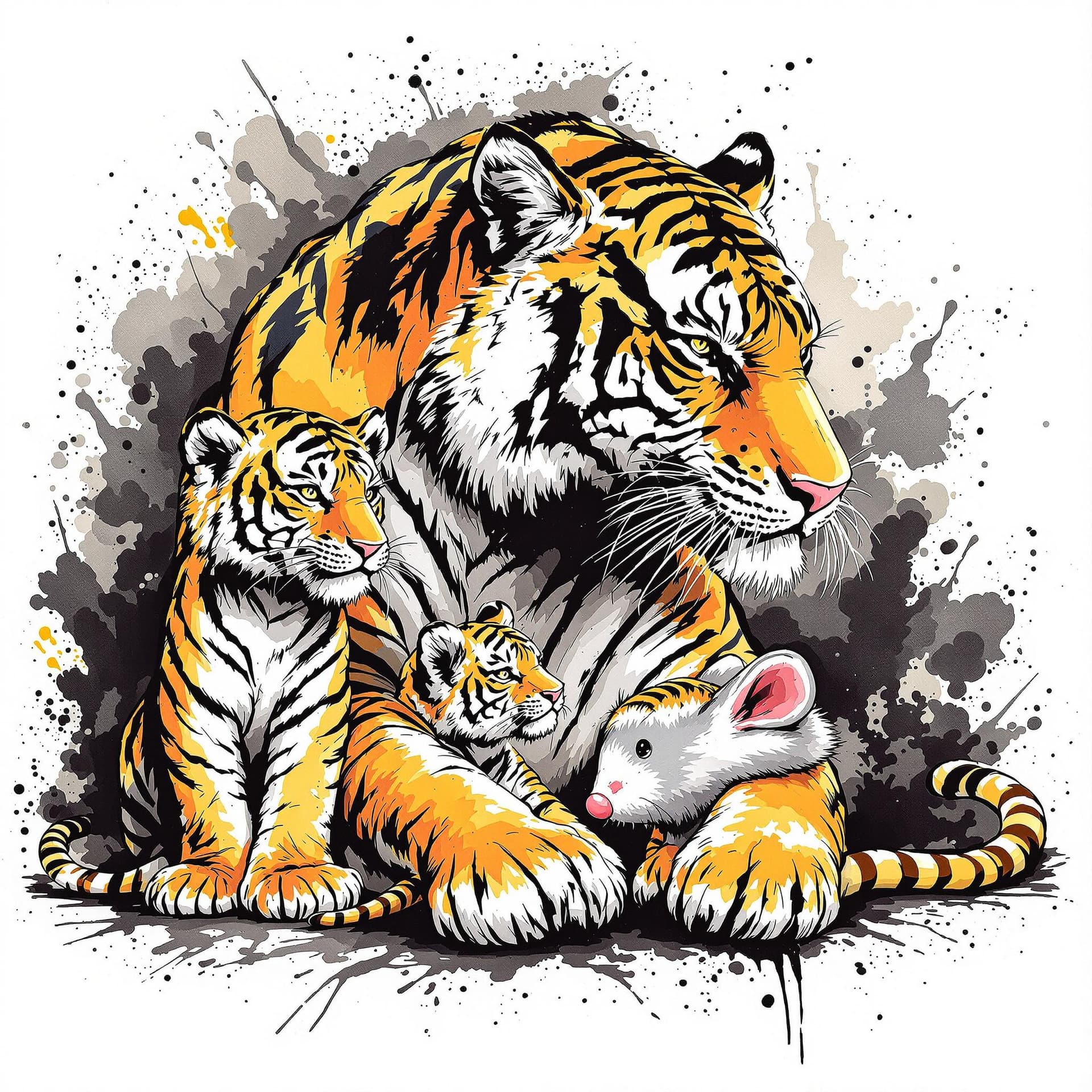 AI generated: a tiger and two tiger cubs, and a oversized mouse,ferocious, detailed,full-body shots,ink style,Ink ...