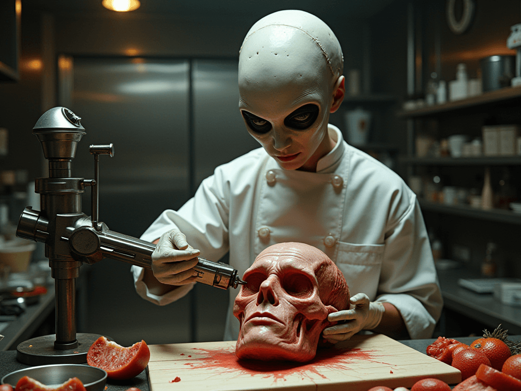 AI generated: alien chef preparing thin slices of a human head, using a fantastical sci-fi slicer.