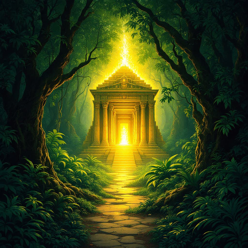 AI generated: First, generate a dense jungle. Now, add a hidden ancient temple in the center. Finally, include a g...