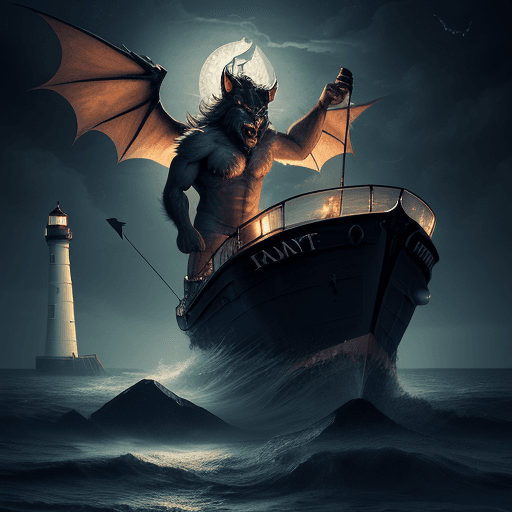 AI generated: A horned werewolf lifting a lighthouse in huge boat,he has fairy wings attached,dark ocean waters,da...