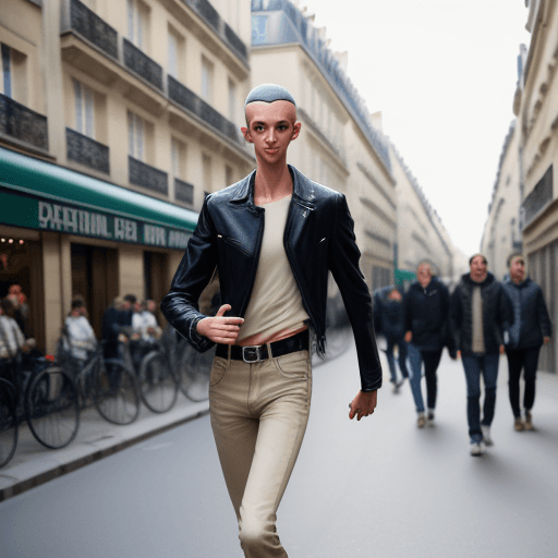 AI generated: slim model, leading a guys hand through the streets of paris