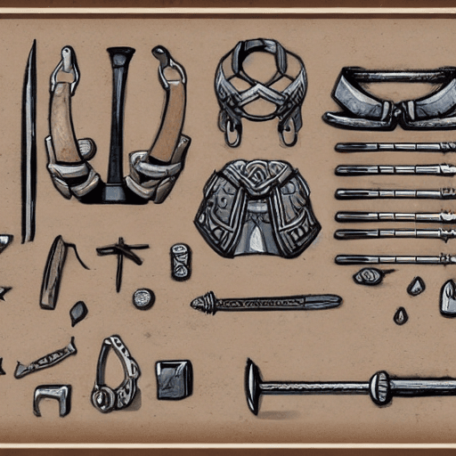 AI generated: game asset, gladiator equipment, pen and ink