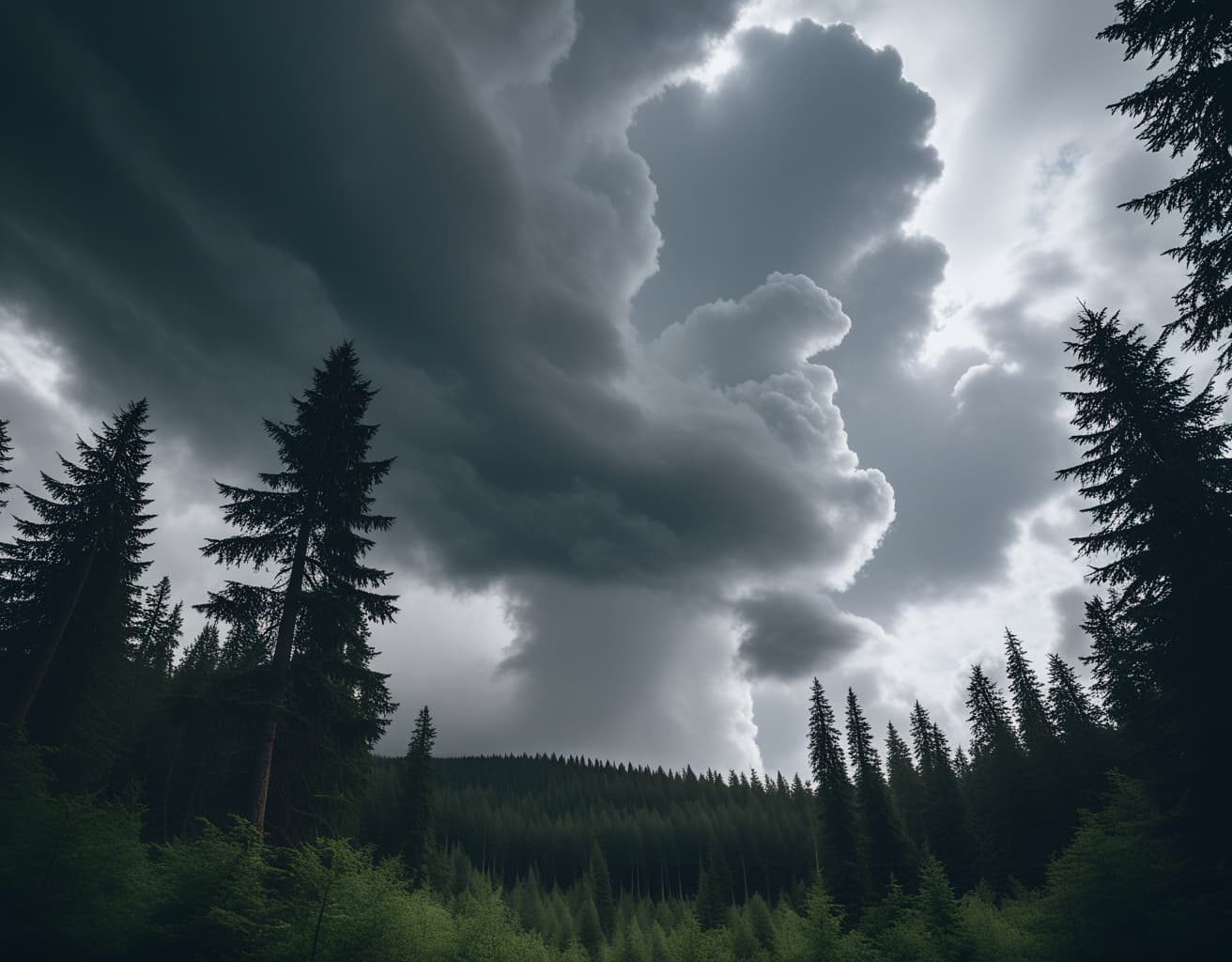 AI generated: RAW photo of a gray skies, epic clouds, forest clearing, low-angle shot, (Instagram able), highly de...