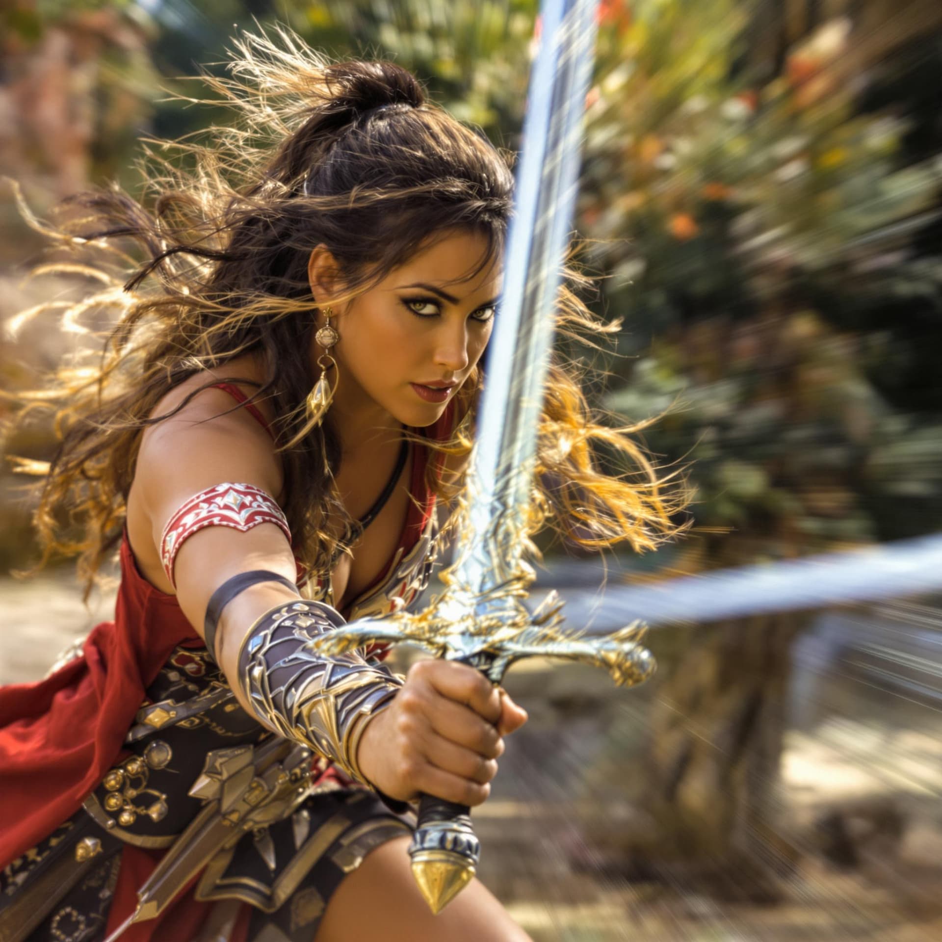 AI generated: xena an warrior princess, with her sword posing a strike, motion blur on the sword, she is fighting ...