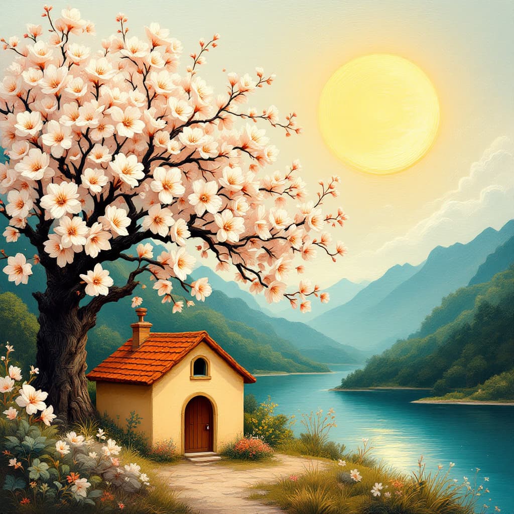 AI generated: A textured oil painting depicting a serene landscape.  A large blossoming cherry tree, with detailed...