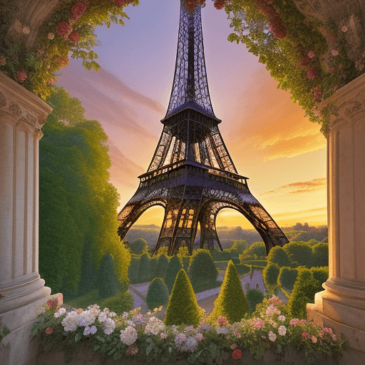 AI generated: The Eiffel tour in the middle of the Epoisses palace in Burgundy with big trees, countryside, flower...