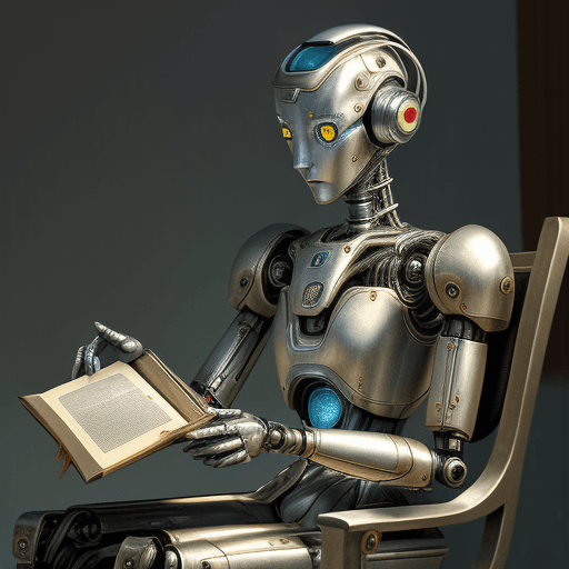AI generated: "The elderly robot is seated, engrossed in a book, with an appearance that suggests both grace and t...