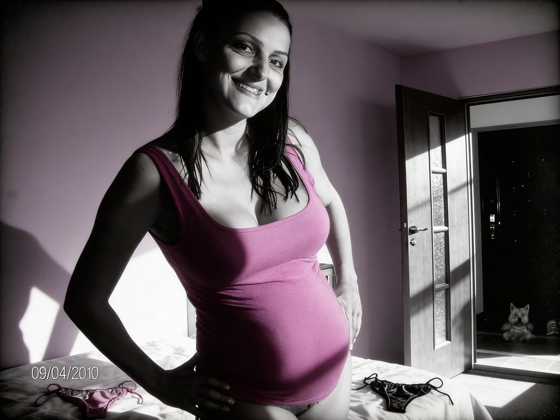 AI generated: skimpy nighties on the bed,seductive smile,daytime,deep photography,Ilford HP5 film,crushed blacks,d...