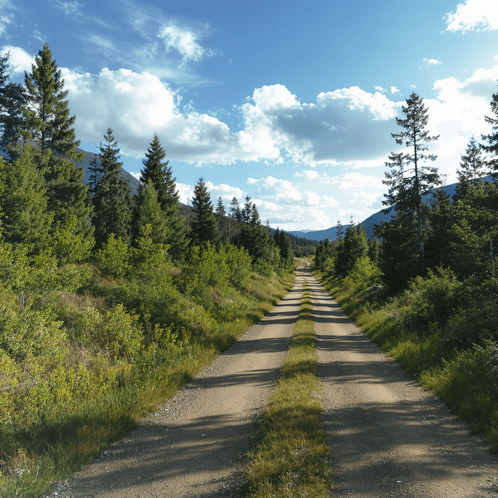 AI generated: countryside, quiet roads, forests, trees, sunlight, soft winds, some clouds in the sky, dirt roads o...
