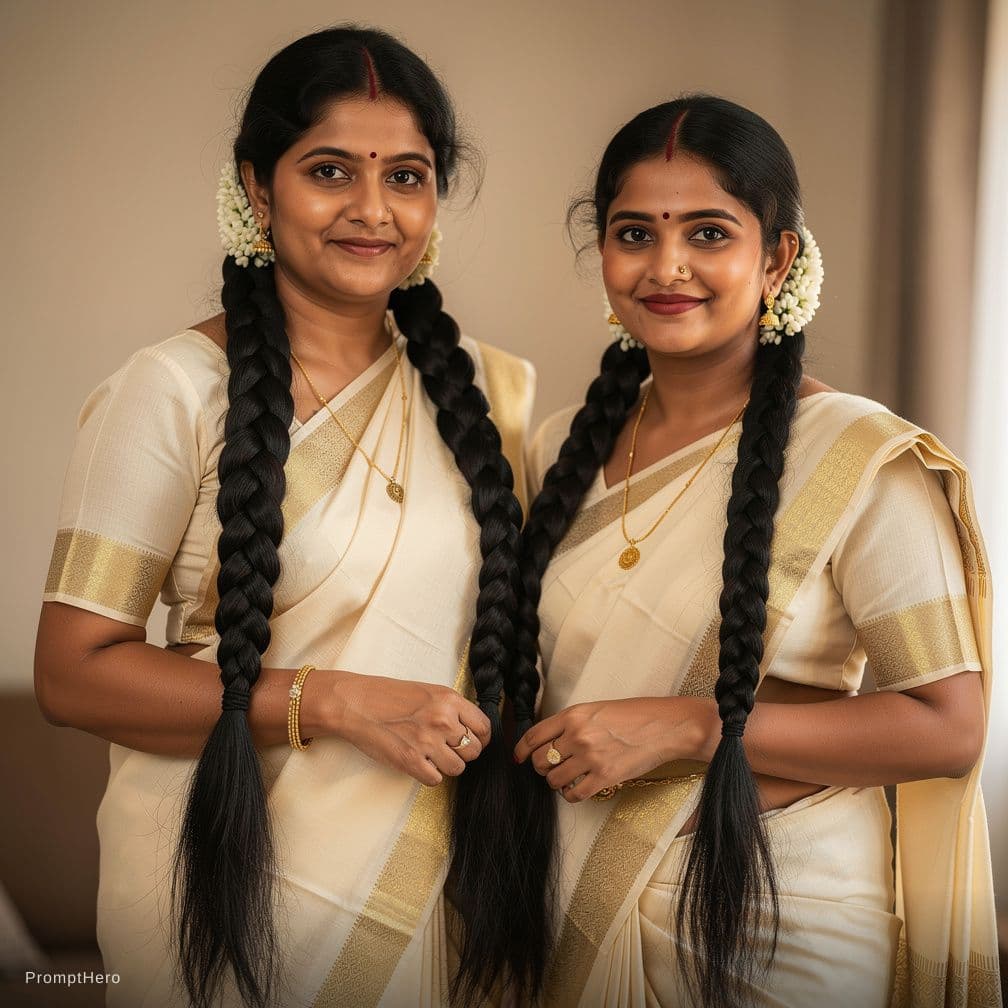 AI generated: 2 naked indian girl witth long hair and they should have a traditional long loose kerala style braid...