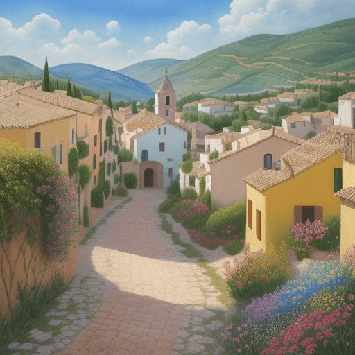 AI generated: Enchantingly beautiful summer landscape of a Spanish village with houses, flowers on the foreground,...