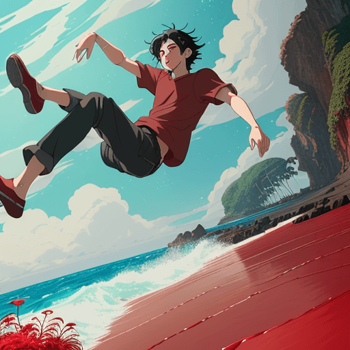 AI generated: make a picture of a young man falling inside the ocean. Black hair. Red sand. Background with lights...