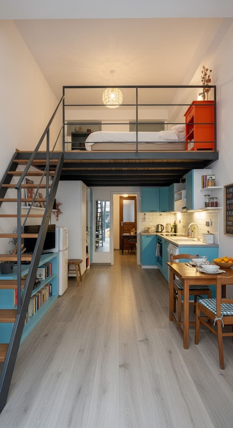 AI generated: The interior of a ground floor, two-story, single-room space in Kozani Greece, approximately 65m² th...