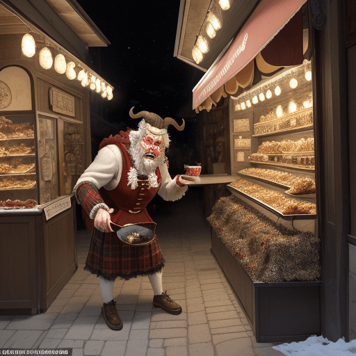 AI generated: krampus in mezzo alla gente,che sta mangiando della carne cruda vicino ad una persona che sta dormen...
