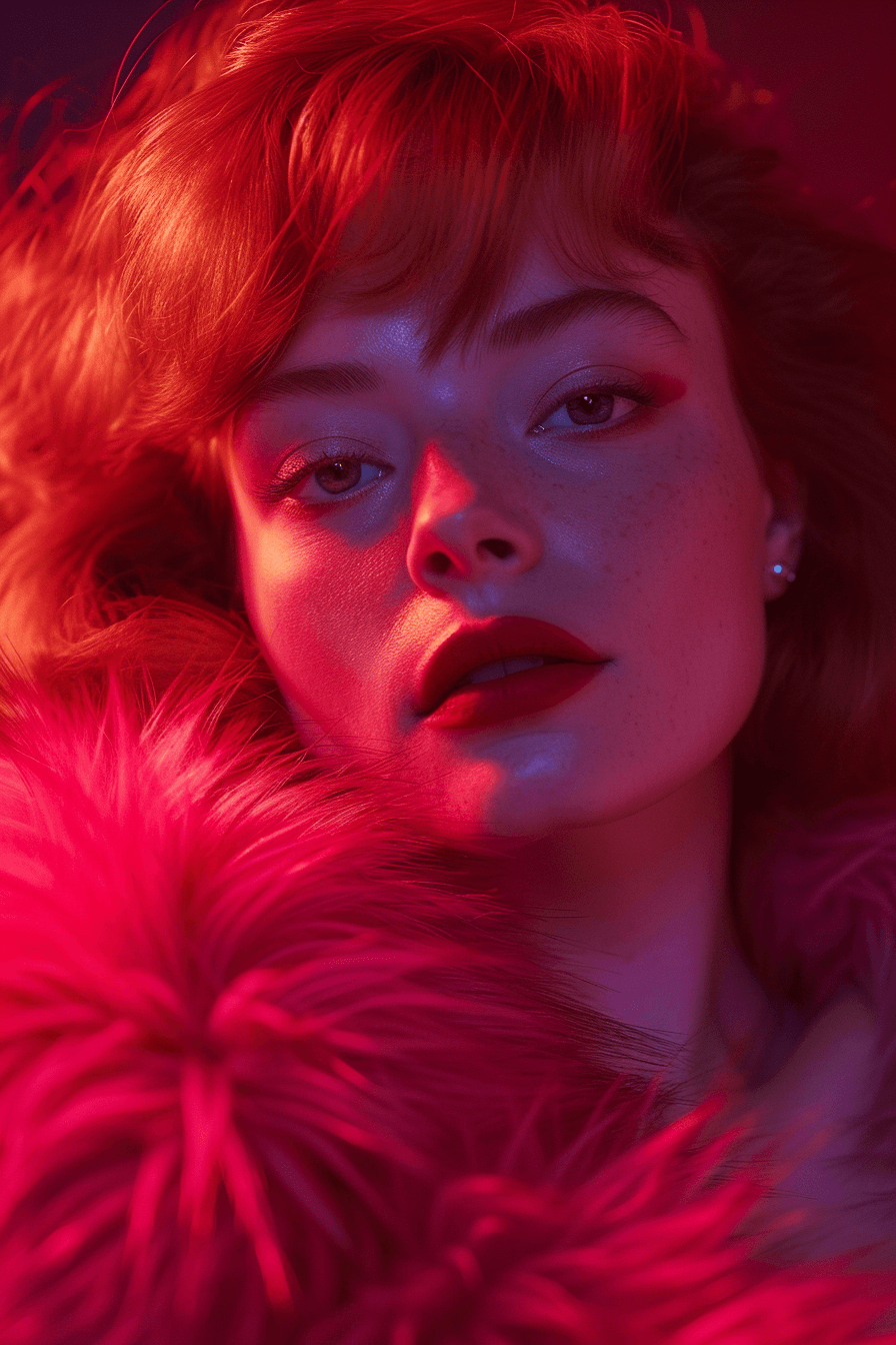 AI generated: rachel wyeth in her red fur coat, in the style of captivating lighting, glamorous hollywood portrait...