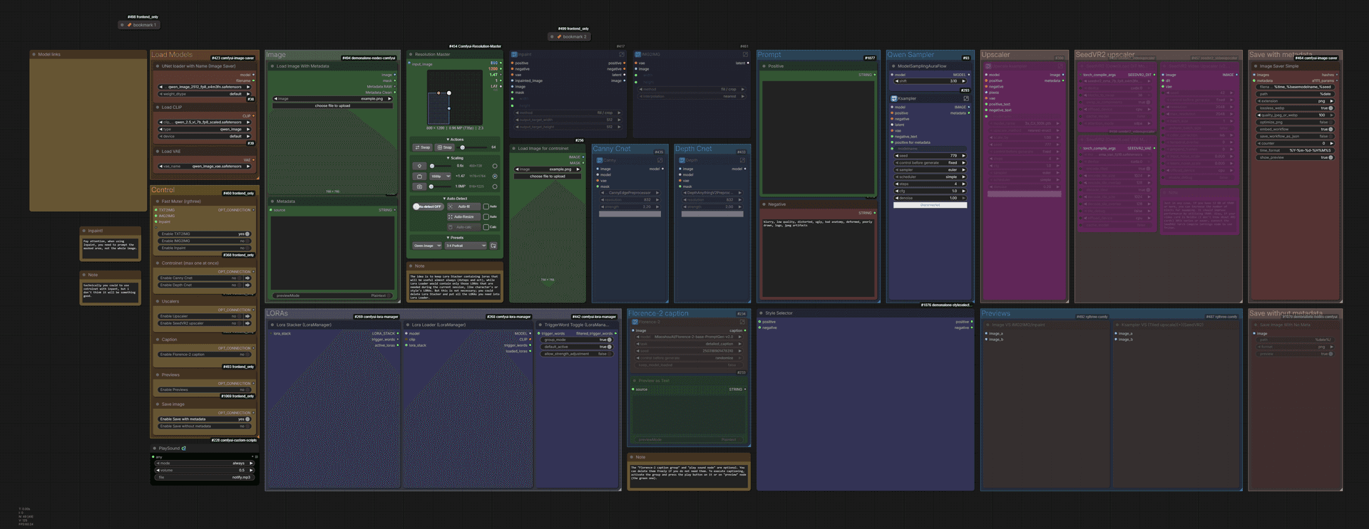 Qwen-image TXT2IMG, IMG2IMG, controlnet (canny, depth), lora manager, caption, tiled and SeedVR2 upscale.