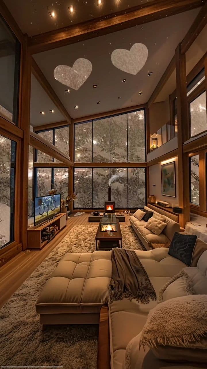 AI generated: This living space has large windows, fireplace and TV, animated aesthetic style, 32k uhd, snow scene...