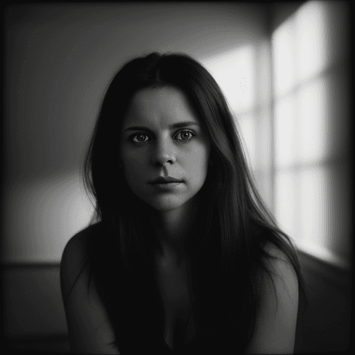 AI generated: Black and White, sharp catch lights in eyes, A soul-stirring  portrait of a woman, long dark hair, h...