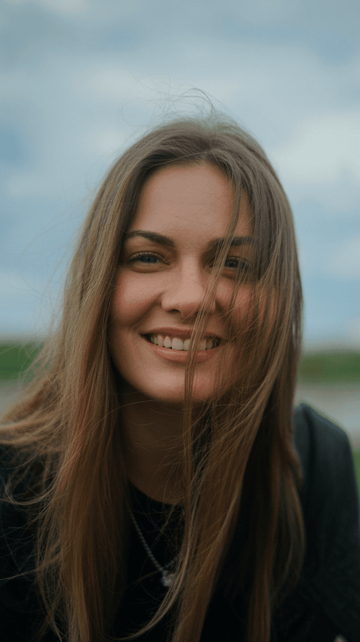 AI generated: portrait photo of a woman with long hair, her hair falling over her face, smile, looking at the view...