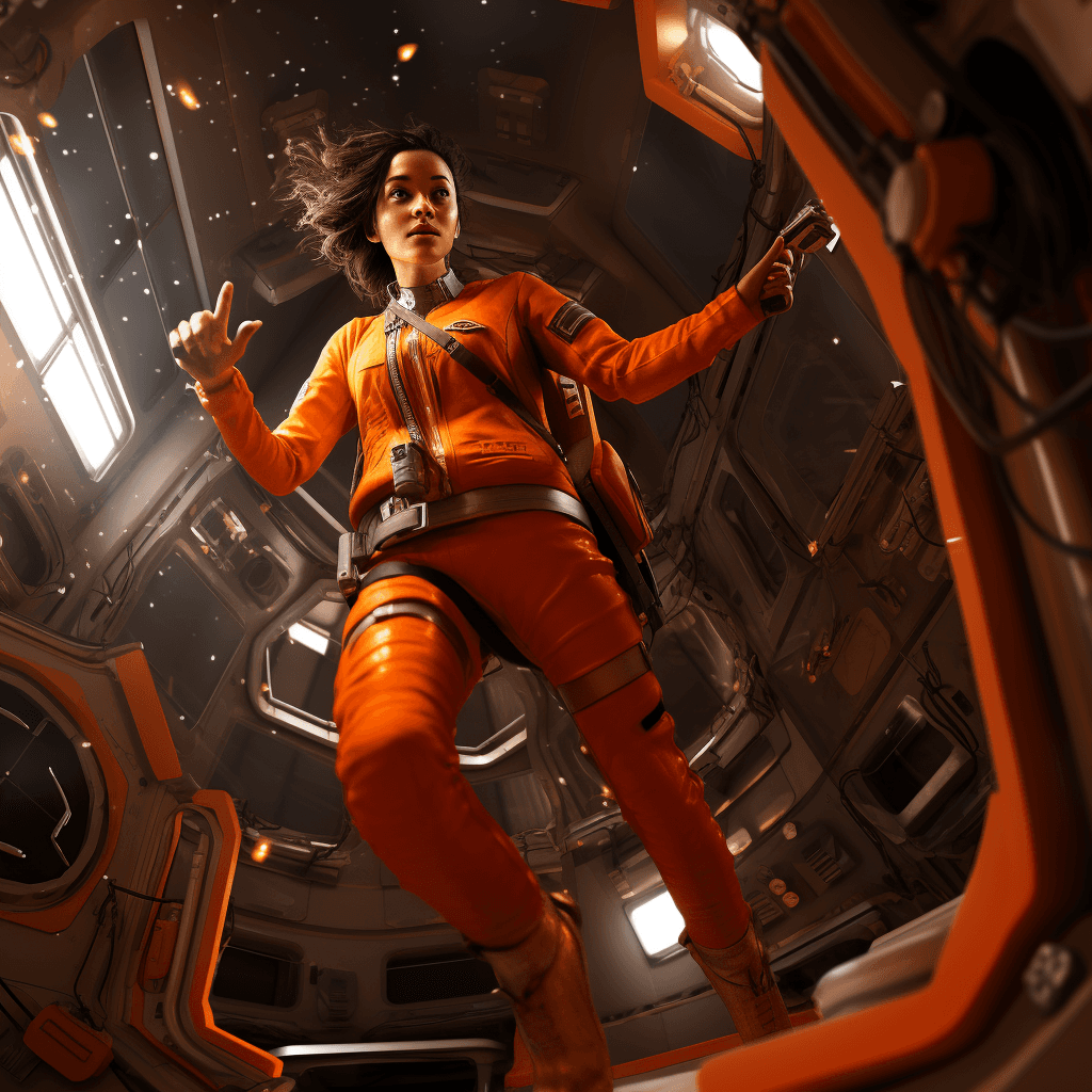 AI generated: high quality action shot of a women astraunot in a space station with a orange astraunot suite