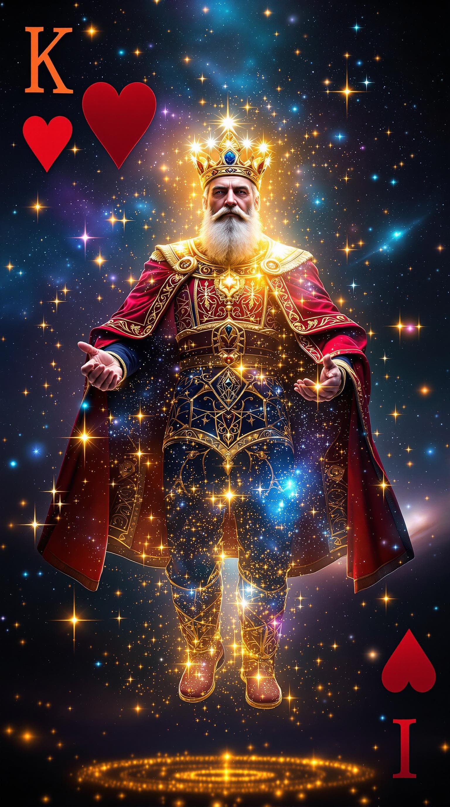 AI generated: The King of Hearts card transforms into a 3D hologram that appears to be made of cosmic energy. As t...