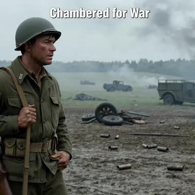 AI generated video: A WWII soldier on the battlefield looking at what was a brutal battle. "Chambered for War" at the to...