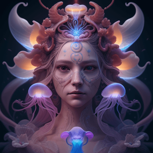AI generated: Goddess close-up portrait ribcagel. jellyfish phoenix head, nautilus, orchid, skull, betta fish, bio...
