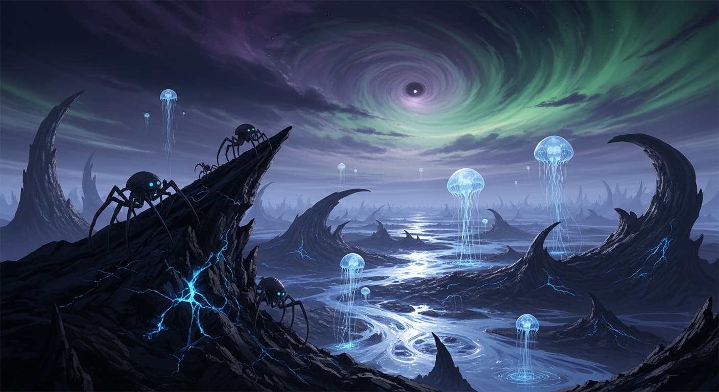 AI generated: a eerie landscape from a planet that is not our world, nothing is similar as it is on Earth. Some st...