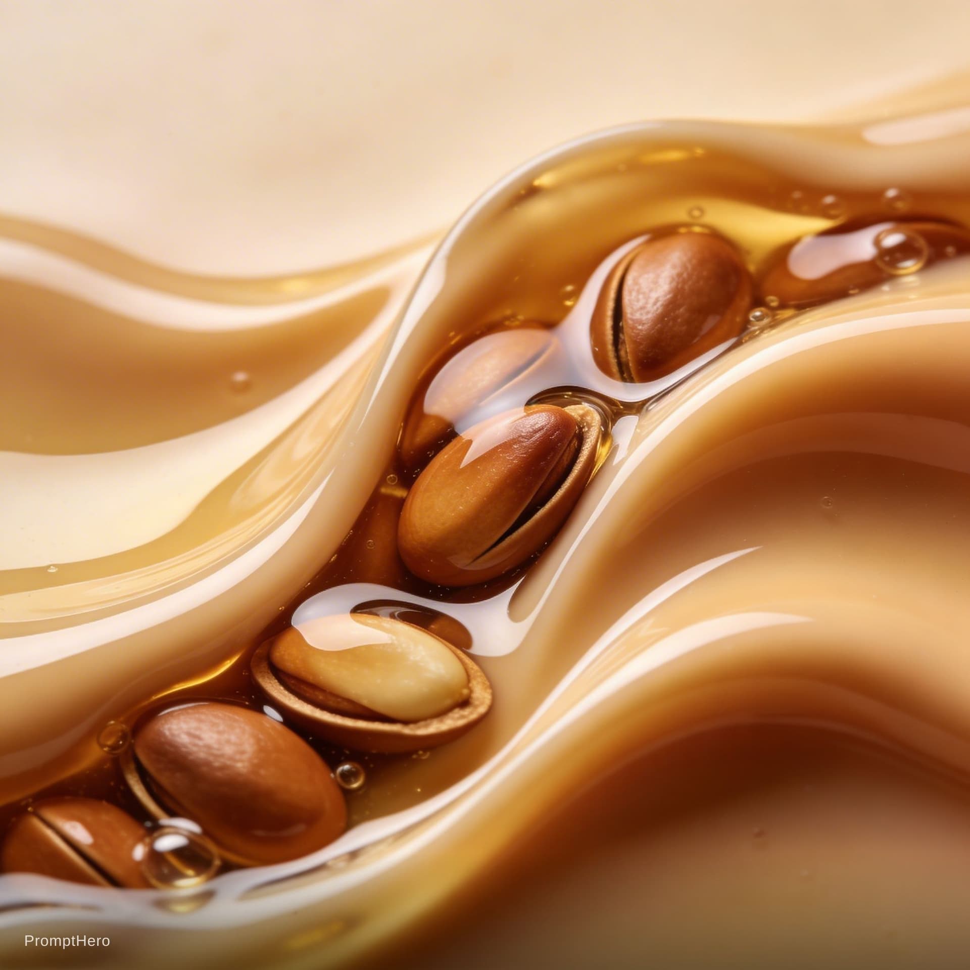 AI generated: Realistic argan kernels and argan nut granules are visibly embedded deep within the flowing liquid w...