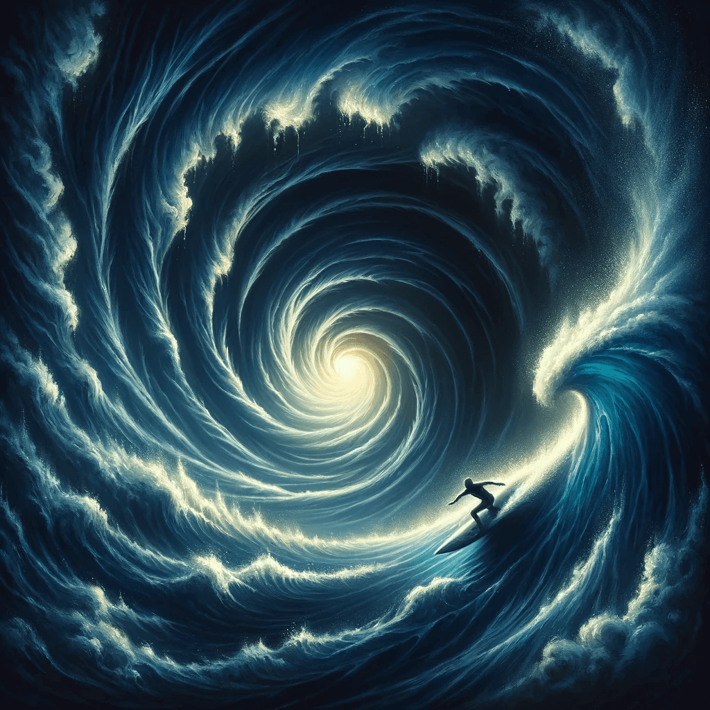 AI generated: Image depicting a surfer at the centre of a dark blue vortex maelstrom. Capture the excitement and p...
