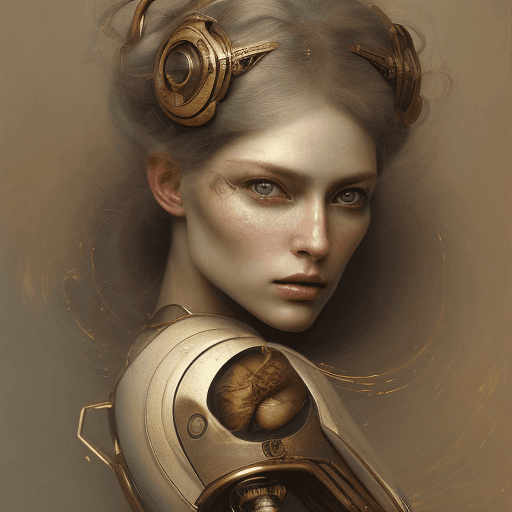 AI generated: female character, in the style of robotic expressionism, dark bronze and white, interlacing artifact...