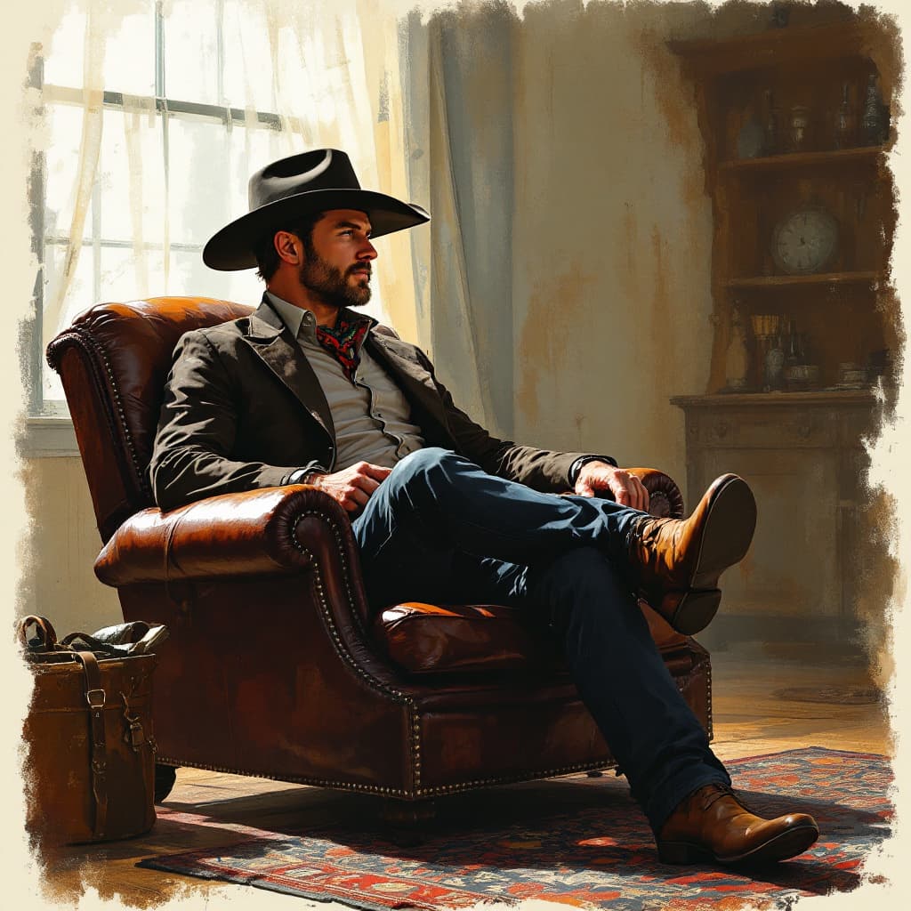 AI generated: Looking across the room at cowboy sitting in leather chair with legs stretched out and ankles crosse...