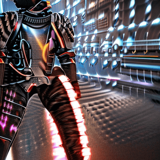 AI generated: photo of a black cyberpunk armor with cyber helmet, lights on cyber mask, full armor, active pose, s...