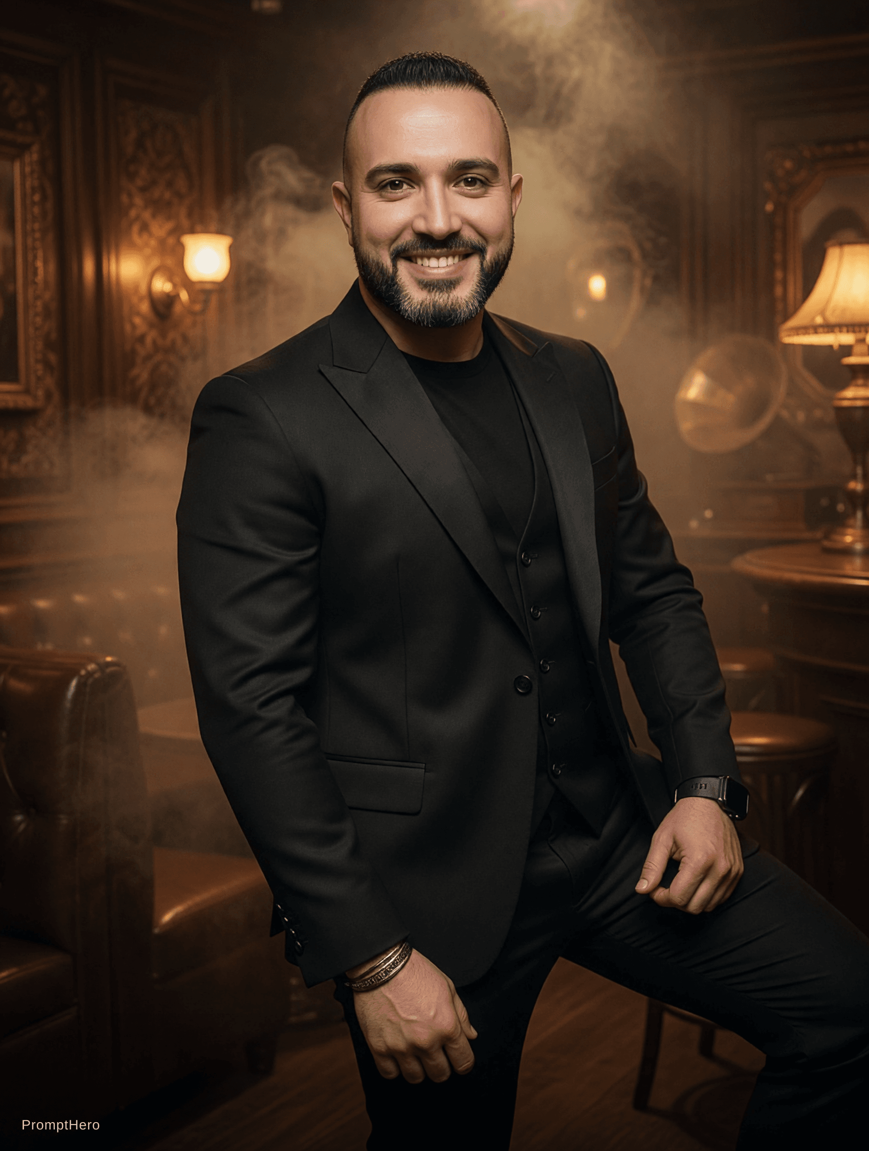 AI generated: Black italian bespoke suit with black undershirt - change the background to look as a vintage ambien...