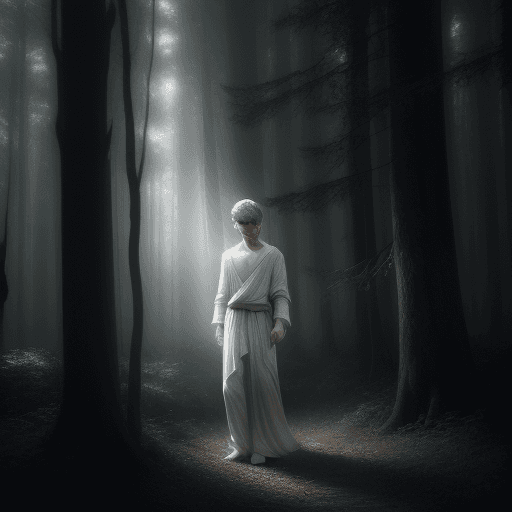 AI generated: mystical and beautiful woods, young white boy, short dark hair, full body, mystic light, incandescen...
