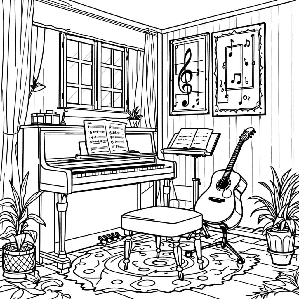 AI generated: Create a high-resolution black-and-white line drawing of a music room. Include detailed elements suc...