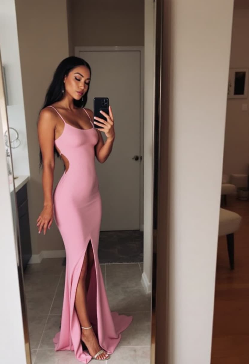 AI generated: Photo of a woman taking a selfie in a mirror, wearing a pink bodycon dress with thin straps and a hi...