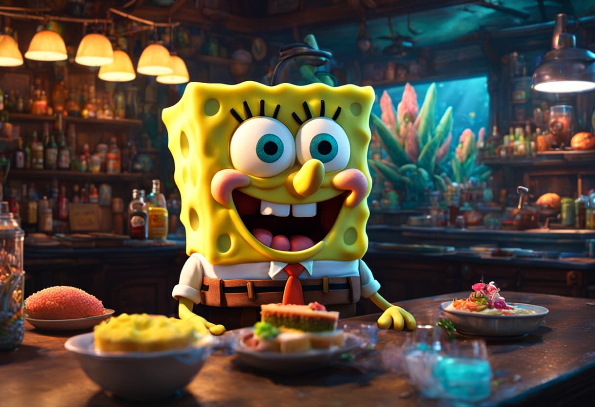 AI generated: Extremely detailed CG unity wallpaper, close up, an iconic Sponge Bob, eye contact, ((half-body shot...