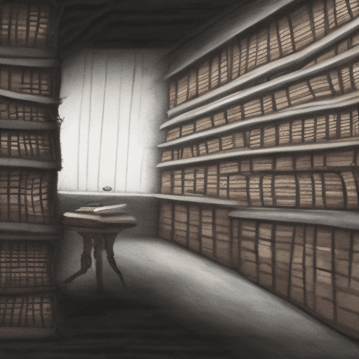 AI generated: A painting of a underground room with walls carved with same open books filled with cramped writing....