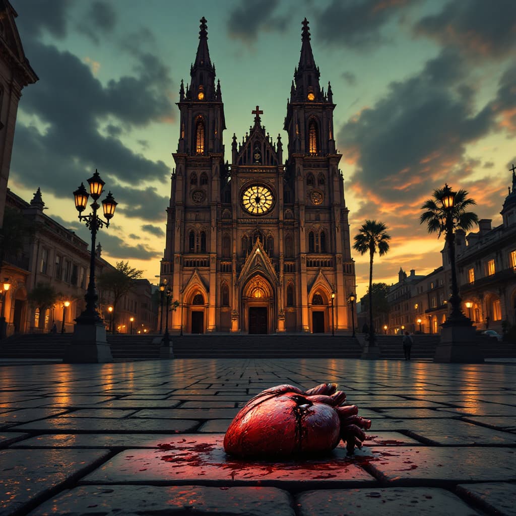 AI generated: Plano general amplio de una catedral gótica al anochecer, con toda la fachada visible, composición c...