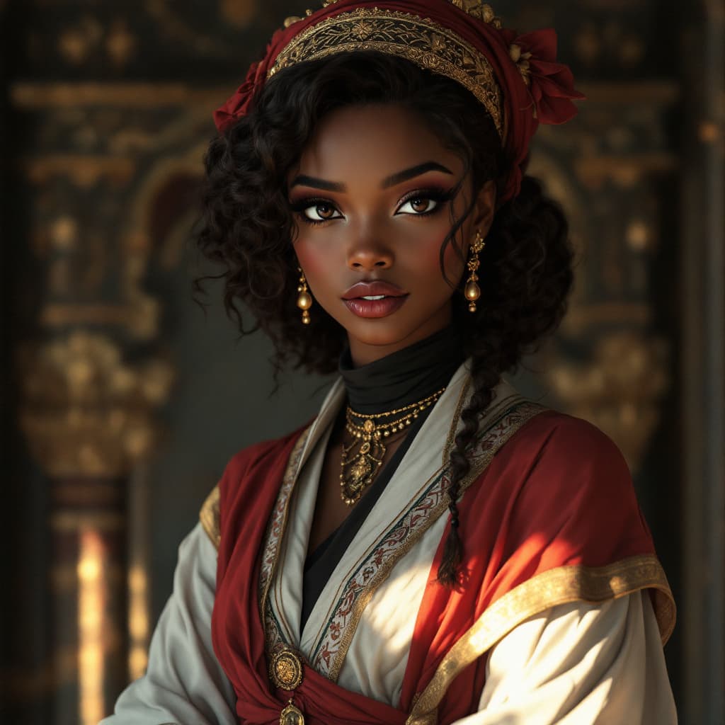 AI generated: A beautiful black Ottoman woman, she is wearing traditional outfit. 1990s anime style
