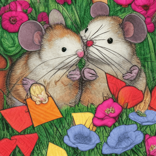 AI generated:  two female mouse in love, dramatic light, pale sunrise, many colourful flowers, pride flag, intrica...