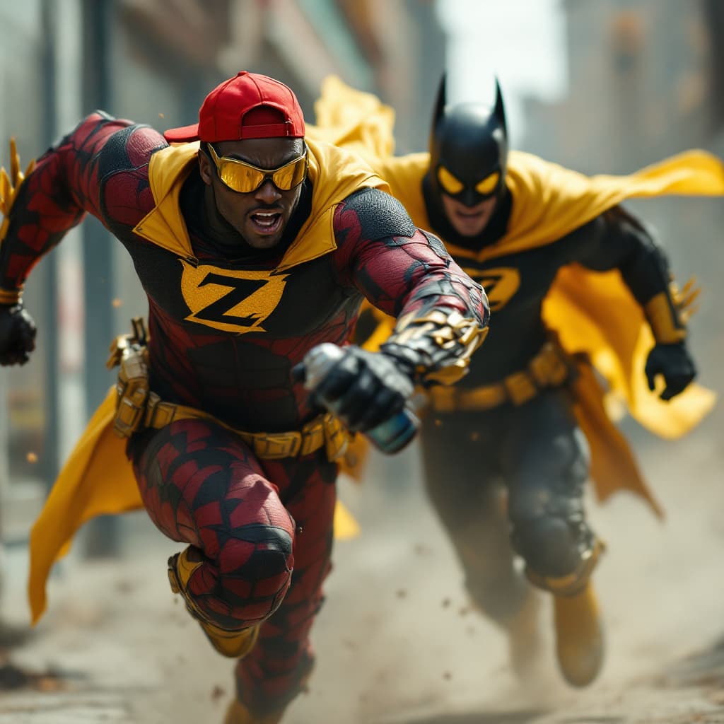 AI generated: Hyper real puff daddy in a riddler costume running is in a fight with A african BLACKMAN in a red ba...