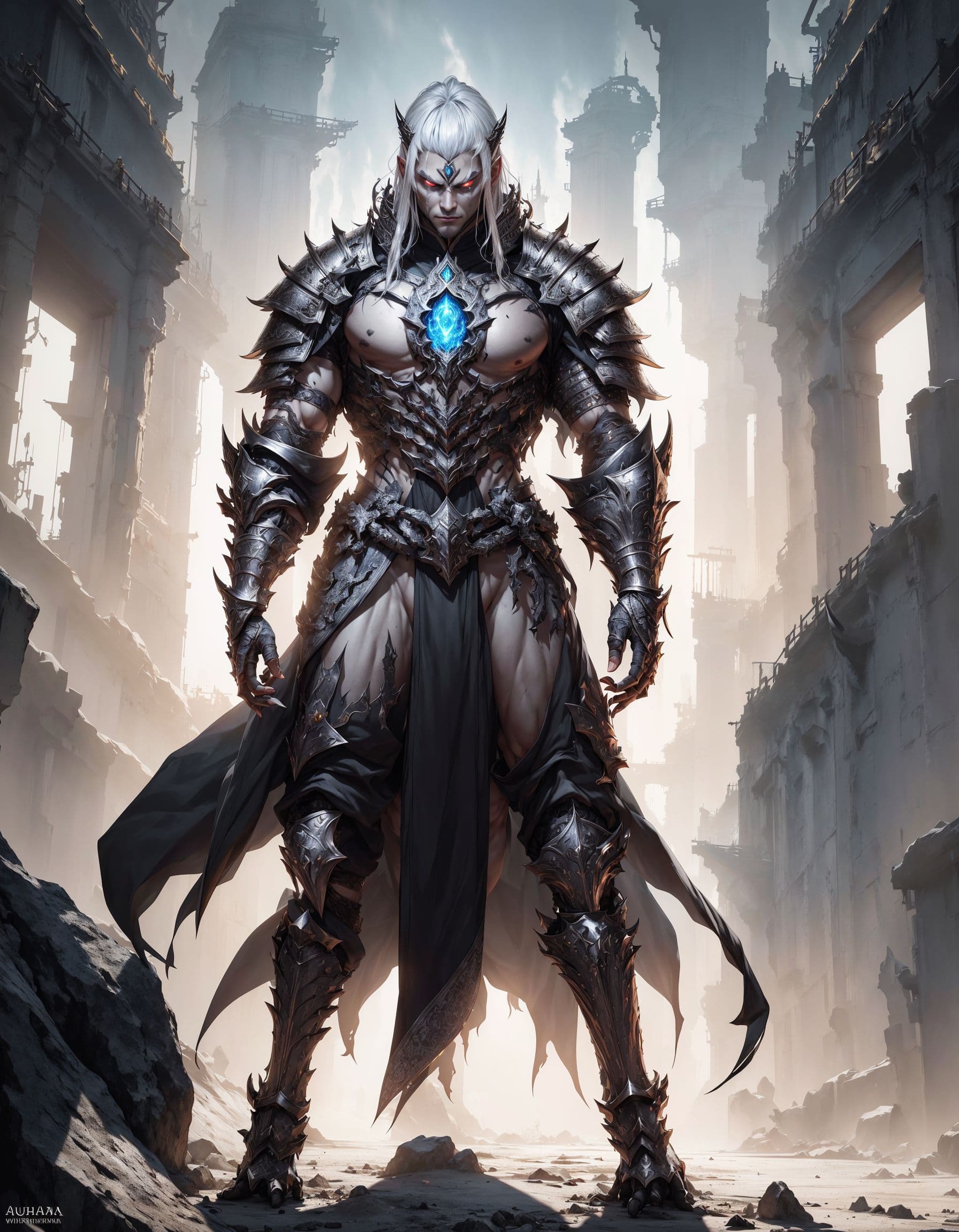 AI generated: concept art medieval armor, handsome male asian warrior ((auras wrath)), black and silver hair color...