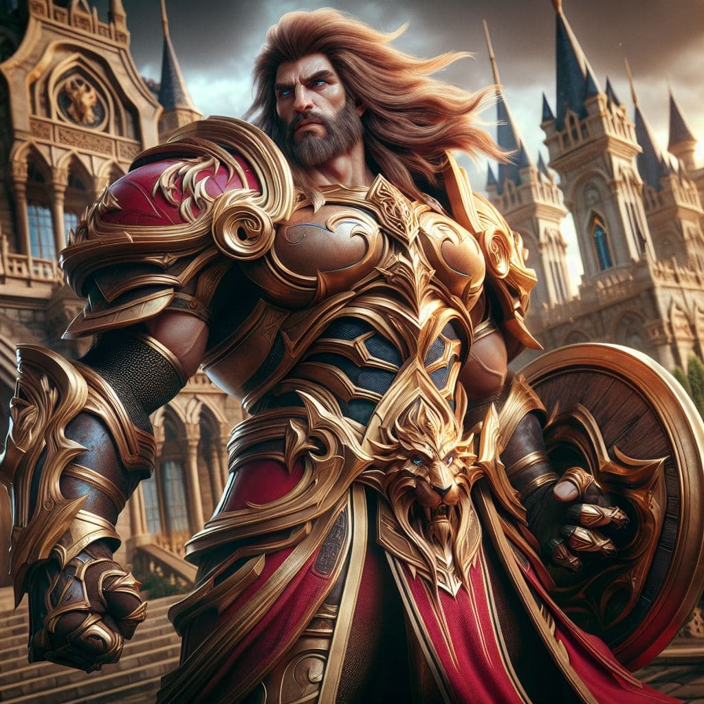 AI generated:  Braum Lionheart in a hyper-realistic photograph set amidst a grand and majestic castle. Showcase hi...