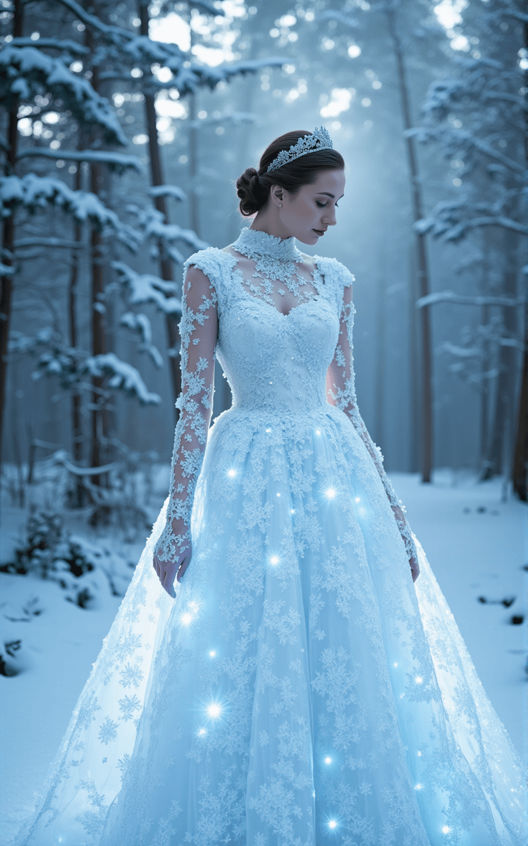 AI generated: In the heart of a tranquil winter forest, a woman stands as the epitome of elegance and grace. Her g...