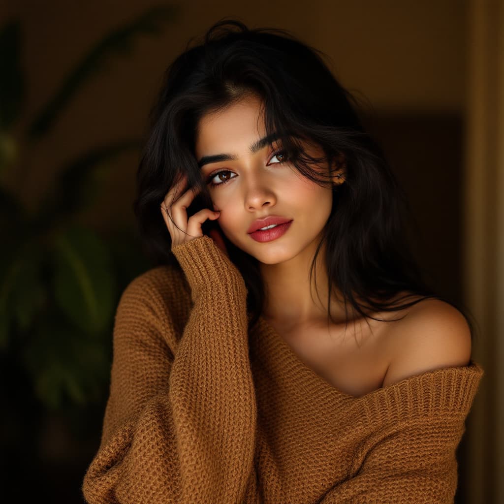 AI generated: A indian girl, 17, dark black hair, wearing an off-shoulder oversized brown knit sweater. She gazes ...