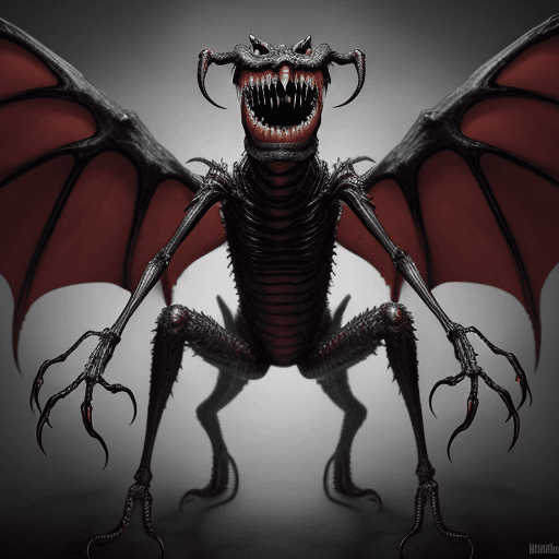 AI generated:  high quality foto of a monster, 10 legs, 3 arms, slimy, 3 grimaces with big teeth, wings, horror hi...